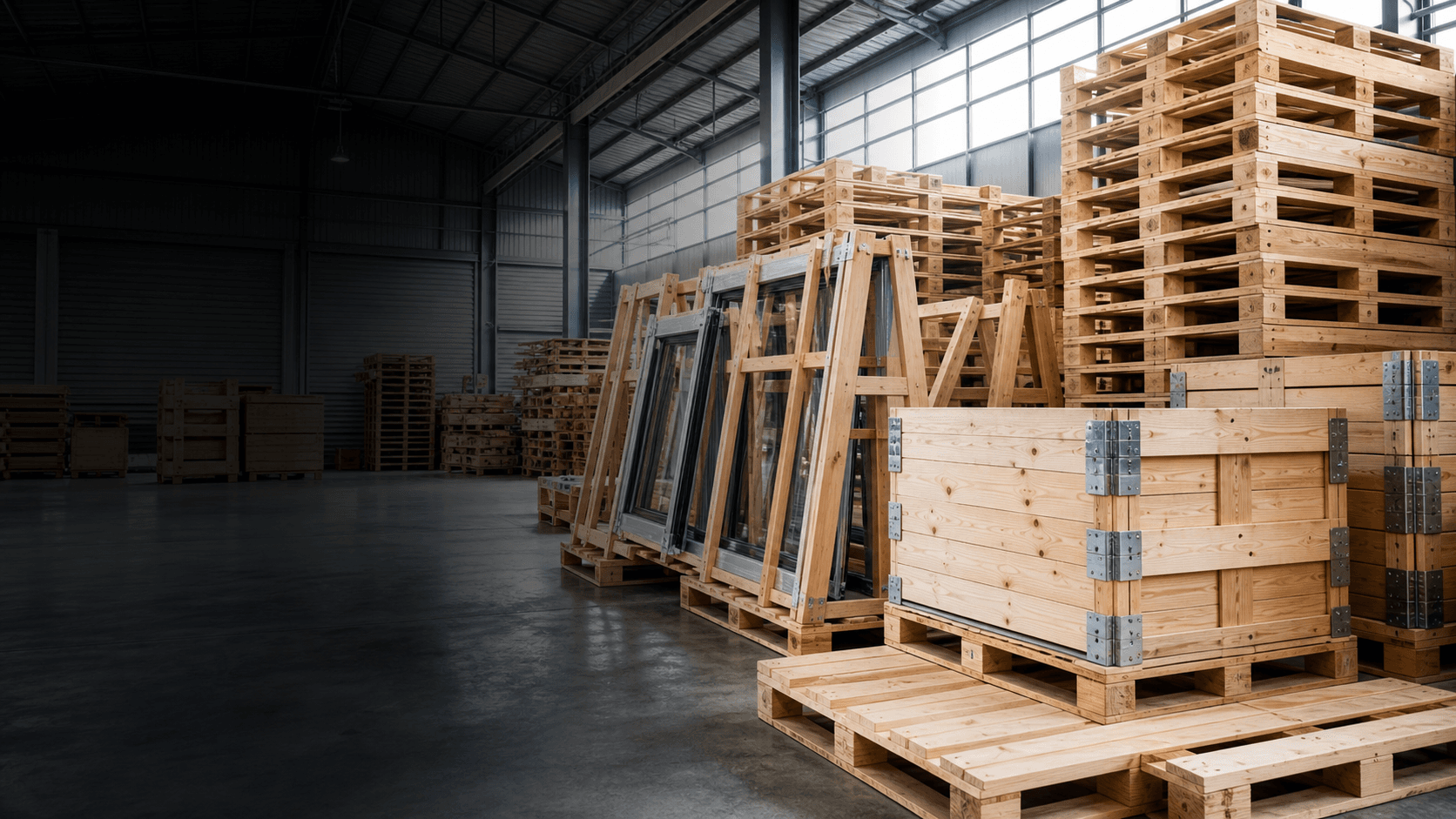 Wooden transport racks and crates prepared for production